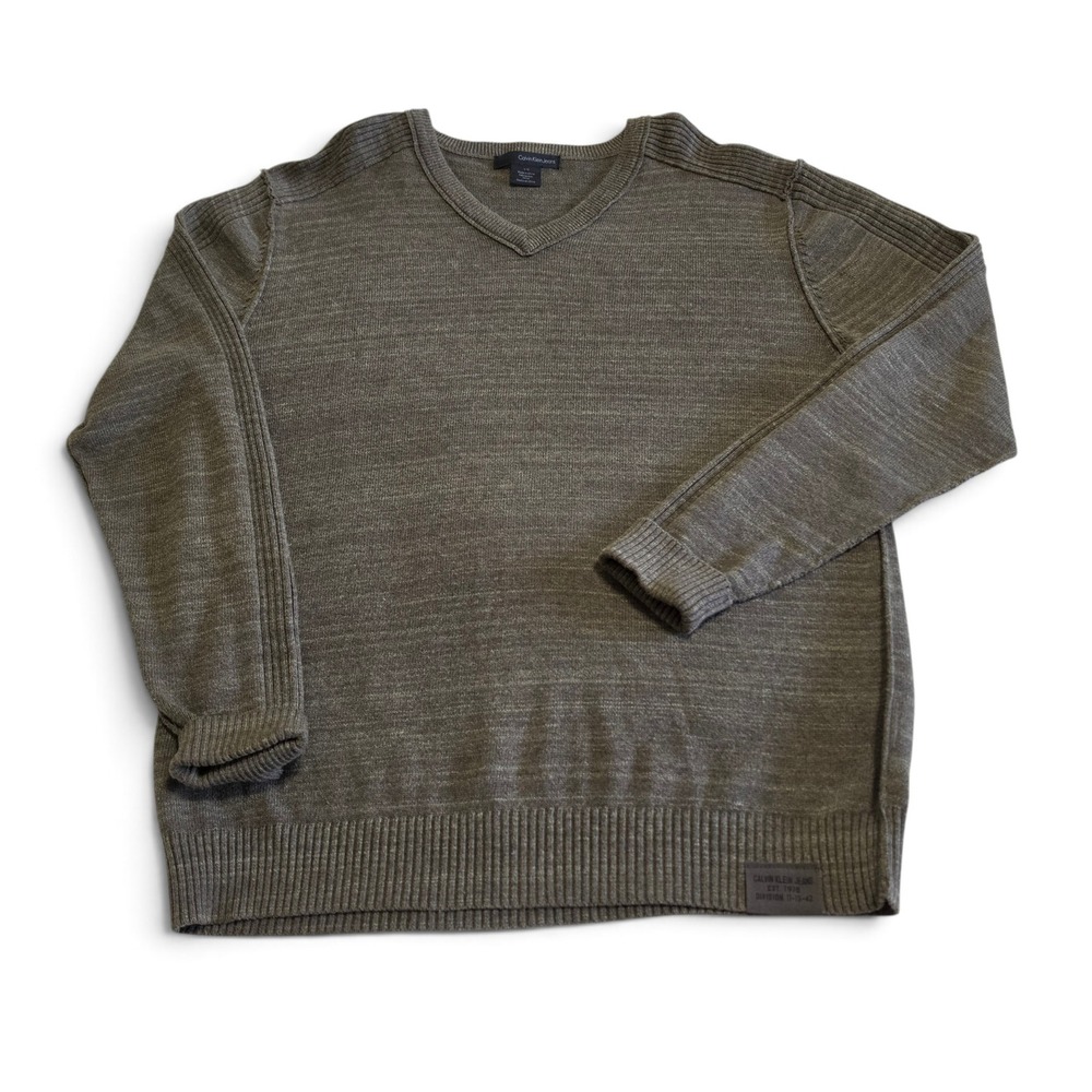 Calvin Klein Jeans V-Neck Ribbed Sleeve Raw Seam Sweater Mens L Olive Green Marl